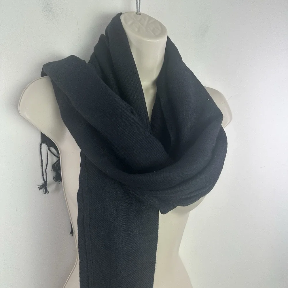Black Scarf Shawl Pashmina wool/silk fringe